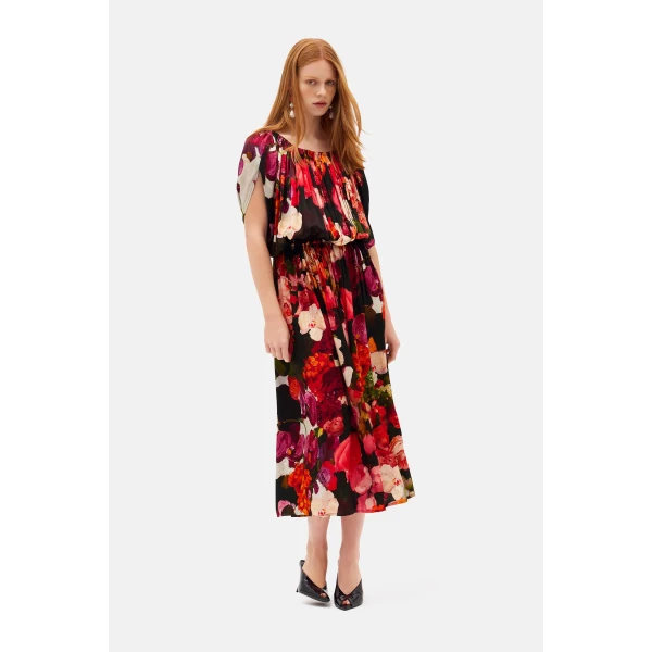 Romance Was Born Red Bouquet Gathered Satin Dress, view 3