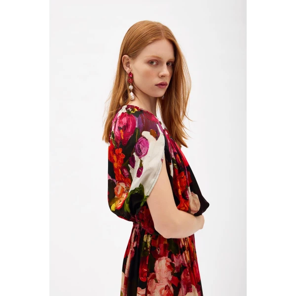 Romance Was Born Red Bouquet Gathered Satin Dress, view 4