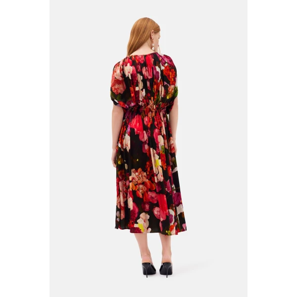 Romance Was Born Red Bouquet Gathered Satin Dress, view 5