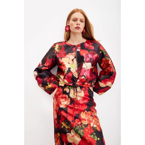 Romance Was Born Red Bouquet Taffeta Bomber Jacket, view 2