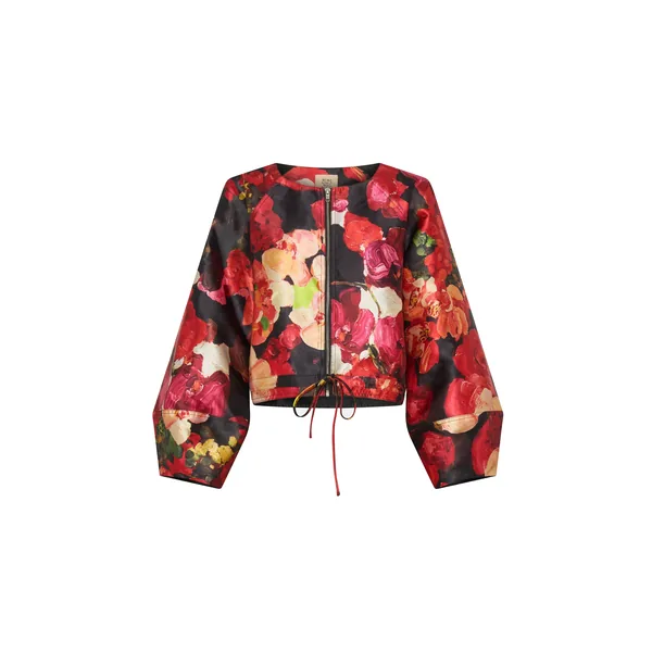 Romance Was Born Red Bouquet Taffeta Bomber Jacket