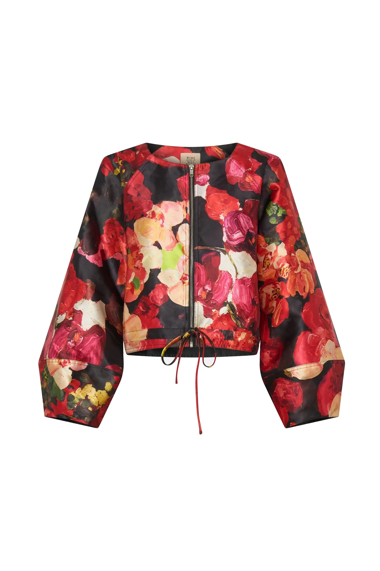 Romance Was Born Red Bouquet Taffeta Bomber