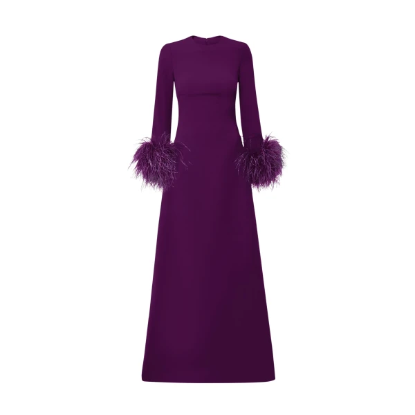 Safiyaa Renalla Currant Feather-Trimmed Long Dress