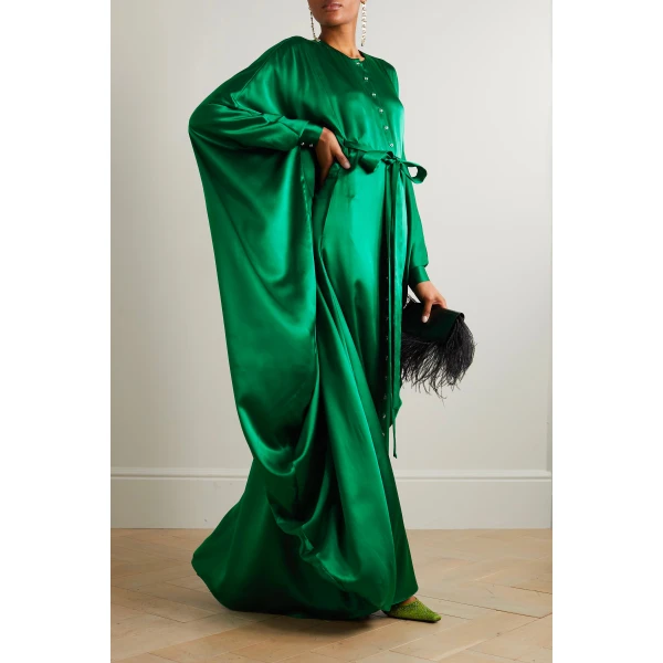 SemSem Belted Button-Embellished Silk Kaftan in Emerald, view 3