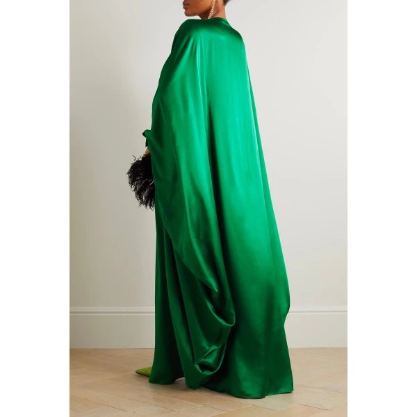 SemSem Belted Button-Embellished Silk Kaftan in Emerald, view 4