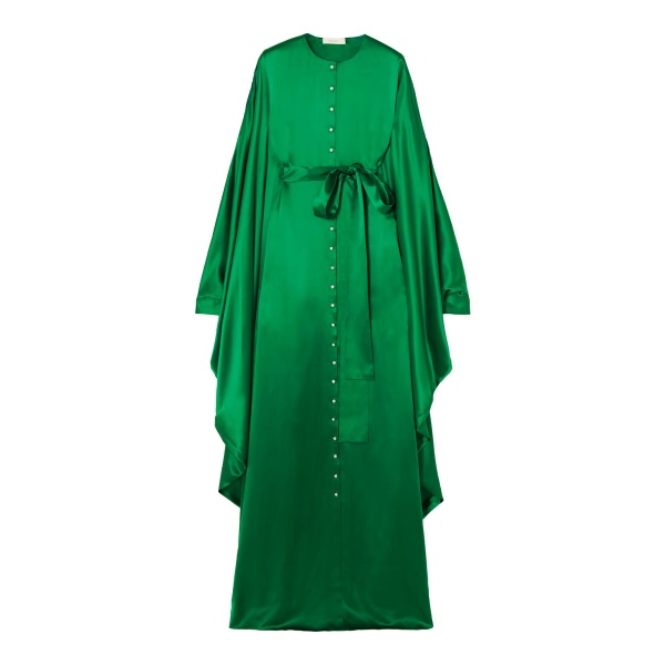 SemSem Belted Button-Embellished Silk Kaftan in Emerald