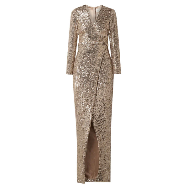 SemSem Belted wrap-effect sequined stretch-tulle gown in Gold