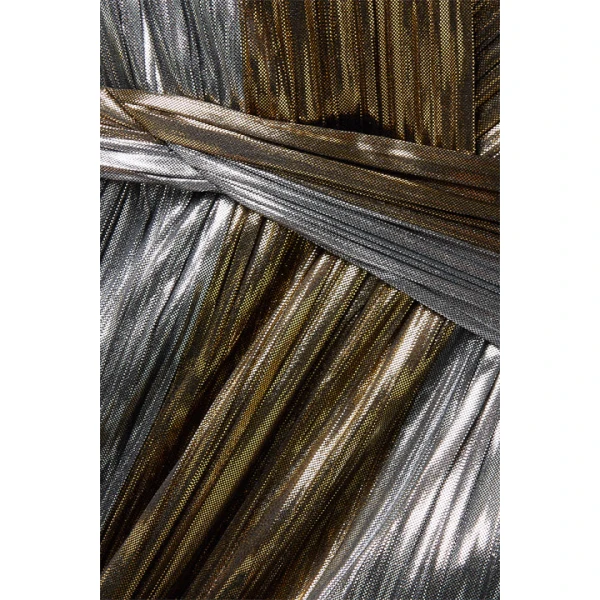 SemSem Cape-Effect Plissé-Lamé Gown in Silver, view 2