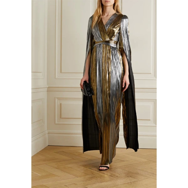 SemSem Cape-Effect Plissé-Lamé Gown in Silver, view 3