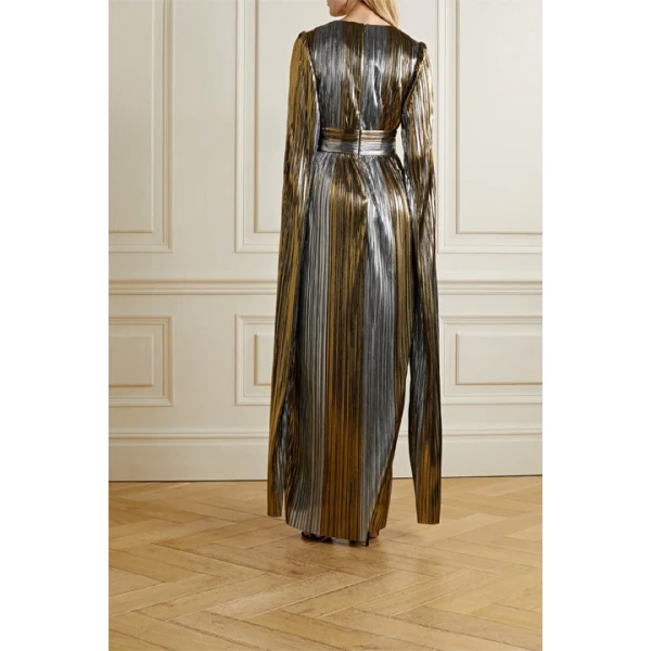 SemSem Cape-Effect Plissé-Lamé Gown in Silver, view 4