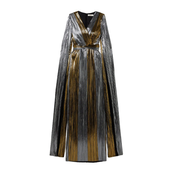 SemSem Cape-Effect Plissé-Lamé Gown in Silver