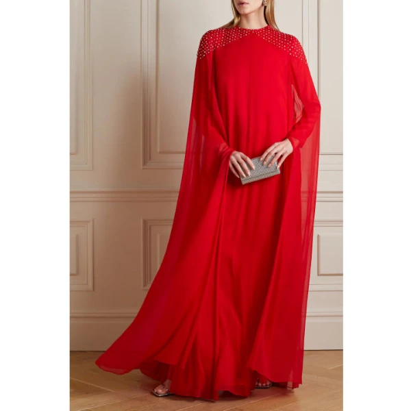 SemSem Cape-effect crystal-embellished silk-chiffon gown in Red, view 3