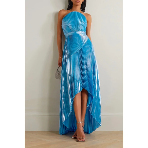SemSem Capri Draped Plissé-Lamé Gown in Blue, view 3