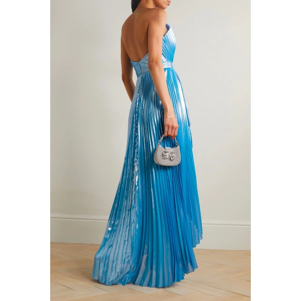 SemSem Capri Draped Plissé-Lamé Gown in Blue, view 4