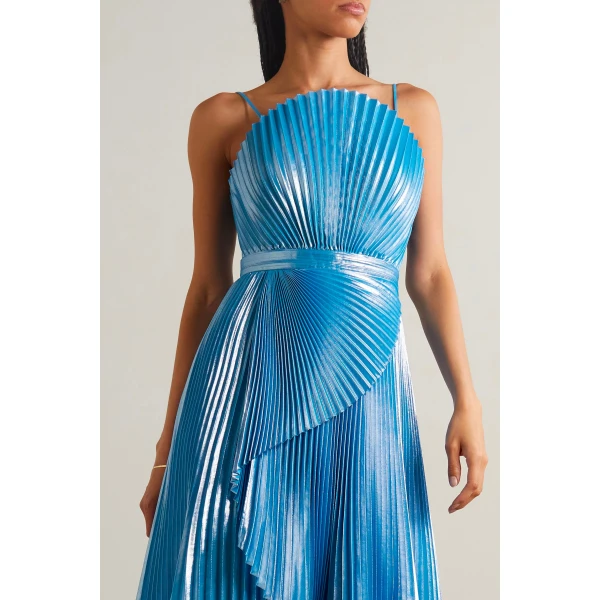 SemSem Capri Draped Plissé-Lamé Gown in Blue, view 5