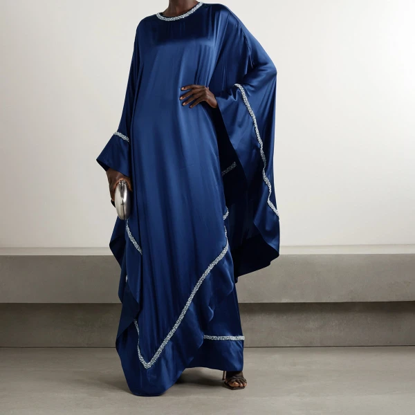 SemSem Crystal Embellished Silk Kaftan-Navy Dress, view 3