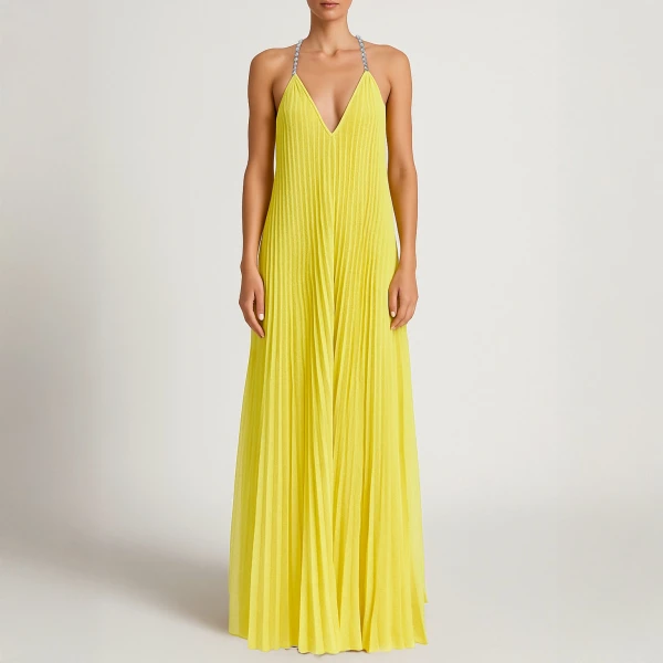 SemSem Crystal Embellished Yellow Plissé Gown, view 3