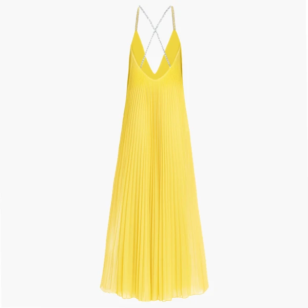 SemSem Crystal Embellished Yellow Plissé Gown, view 4