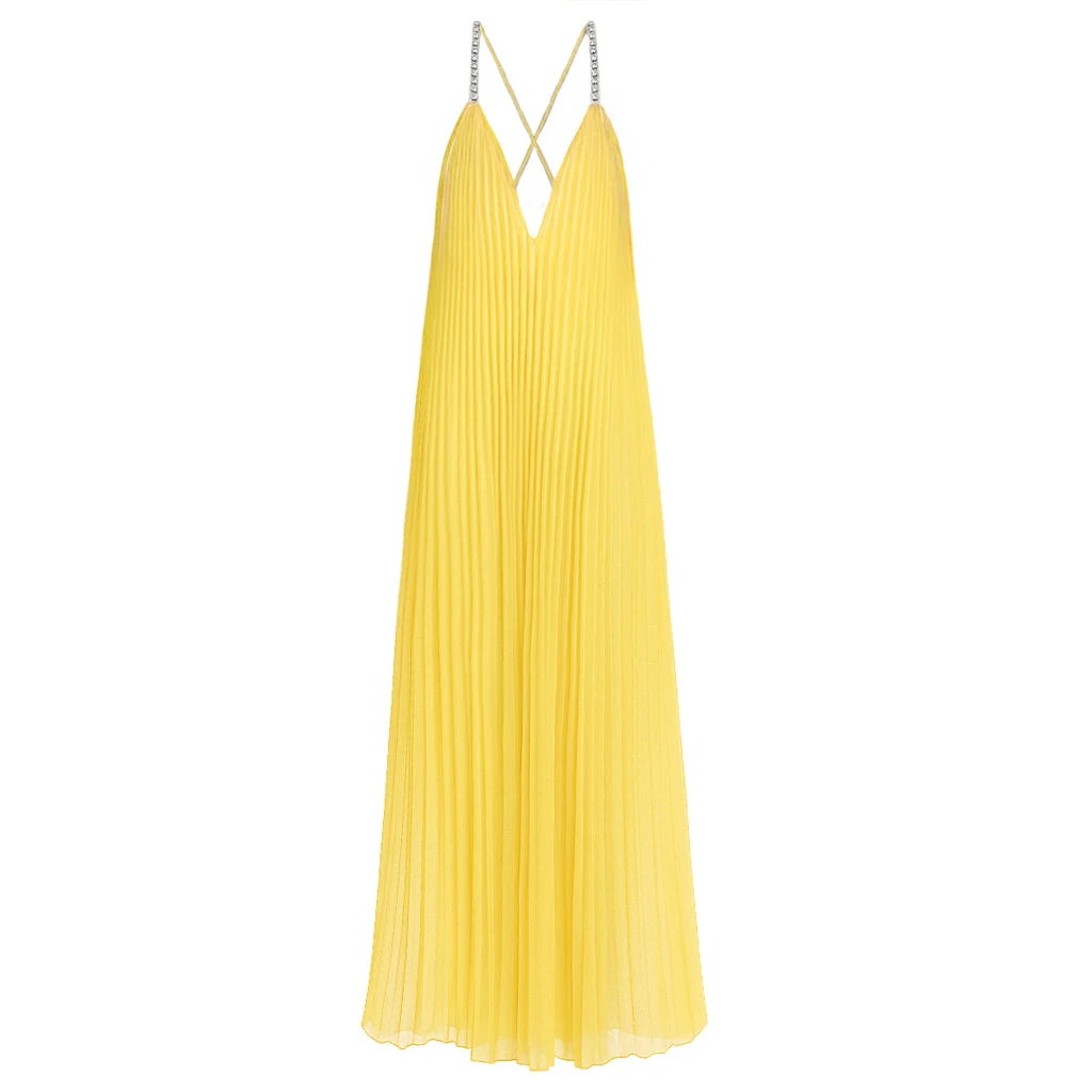 SemSem Crystal Embellished Yellow Plissé Gown
