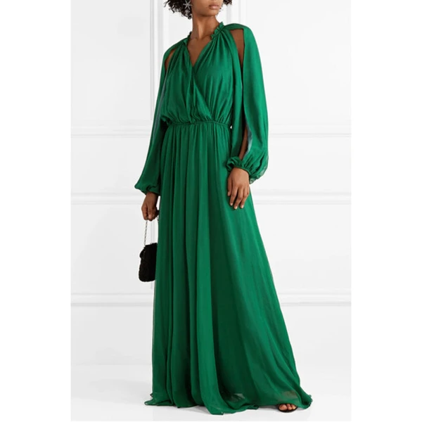 SemSem Cutout Gathered Silk-Chiffon Gown in Emerald, view 3