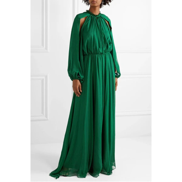 SemSem Cutout Gathered Silk-Chiffon Gown in Emerald, view 4