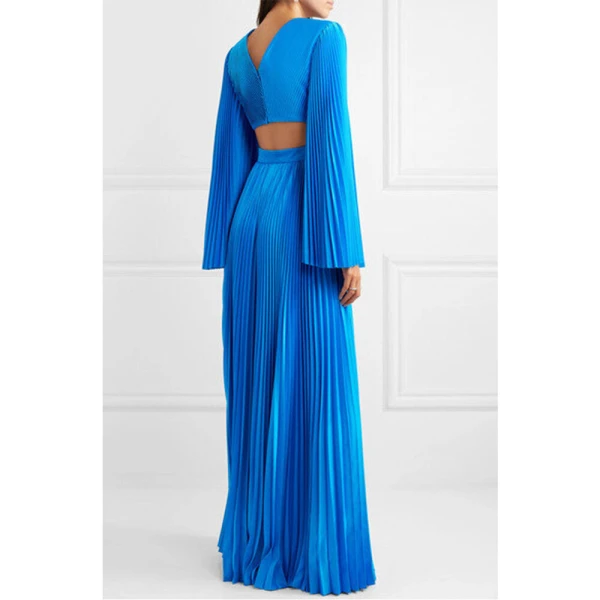 SemSem Cutout Pleated Satin Jumpsuit in Azure, view 4
