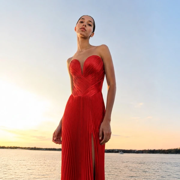 SemSem Engineered Plissé Bustier Maxi Dress- Red, view 3