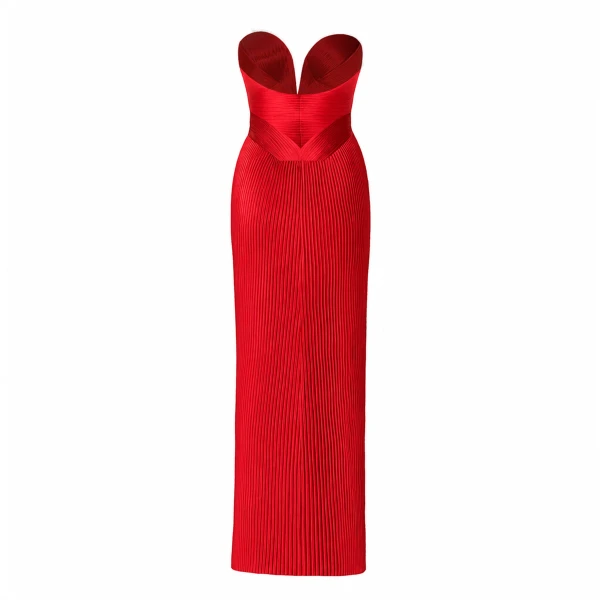 SemSem Engineered Plissé Bustier Maxi Dress- Red, view 4