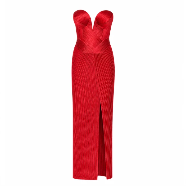 SemSem Engineered Plissé Bustier Maxi Dress- Red