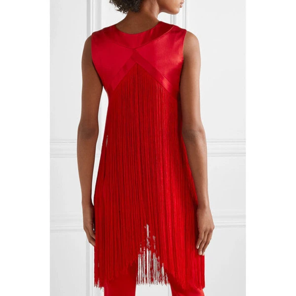 SemSem Fringed Silk-Satin Top in Red, view 2