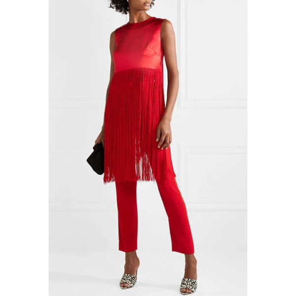 SemSem Fringed Silk-Satin Top in Red, view 3