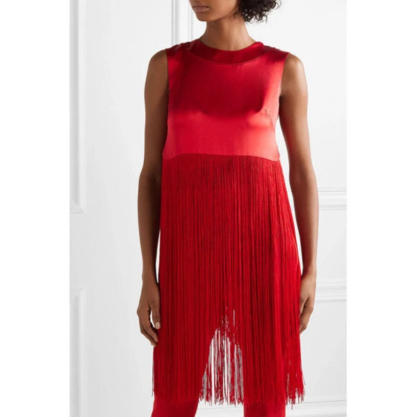 SemSem Fringed Silk-Satin Top in Red, view 4