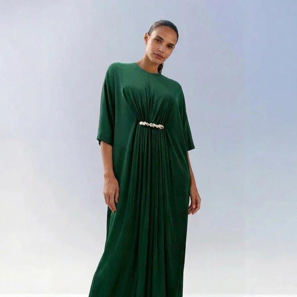 SemSem Gathered Viscose Jersey Kaftan Dress in Emerald, view 3