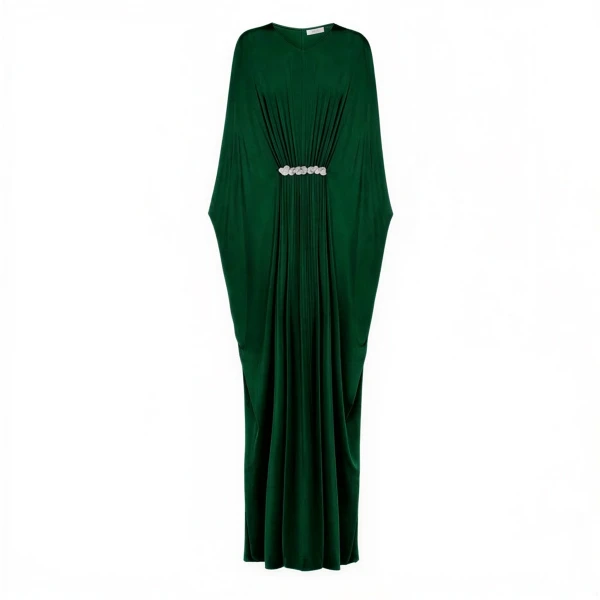 SemSem Gathered Viscose Jersey Kaftan Dress in Emerald