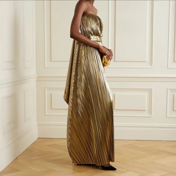 SemSem Gold Belted Draped Pleated Lamé Gown, view 3