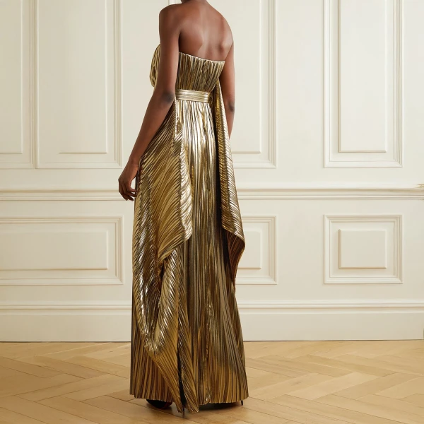 SemSem Gold Belted Draped Pleated Lamé Gown, view 4