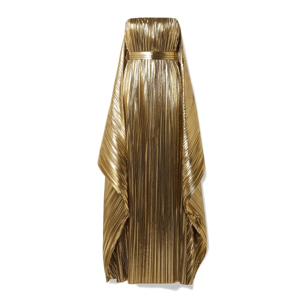 SemSem Gold Belted Draped Pleated Lamé Gown