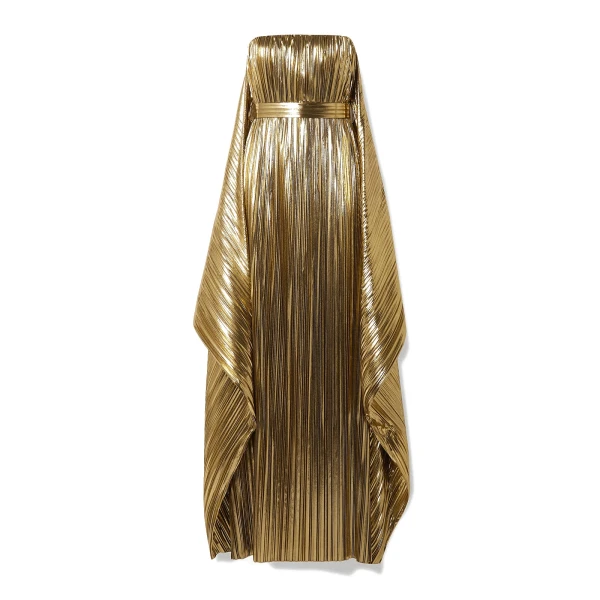 SemSem Gold Belted Draped Pleated Lamé Gown