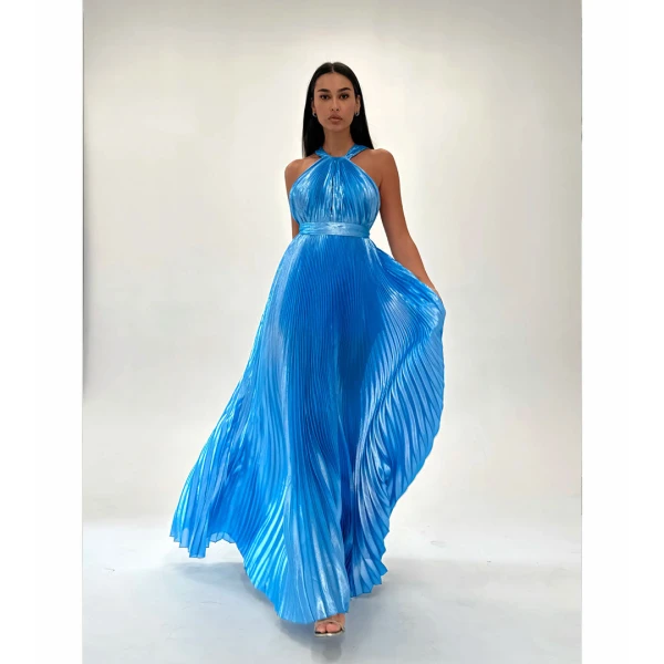 SemSem Sky Blue Metallic Halter Gown, view 3