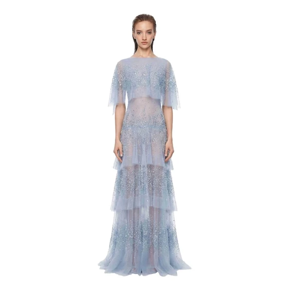 Tony Ward Skylight Blue Beaded Cape Gown, view 2