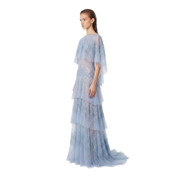 Tony Ward Skylight Blue Beaded Cape Gown, view 3