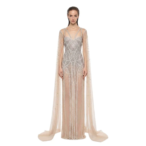 Tony Ward White Beaded Tulle Column Dress, view 2