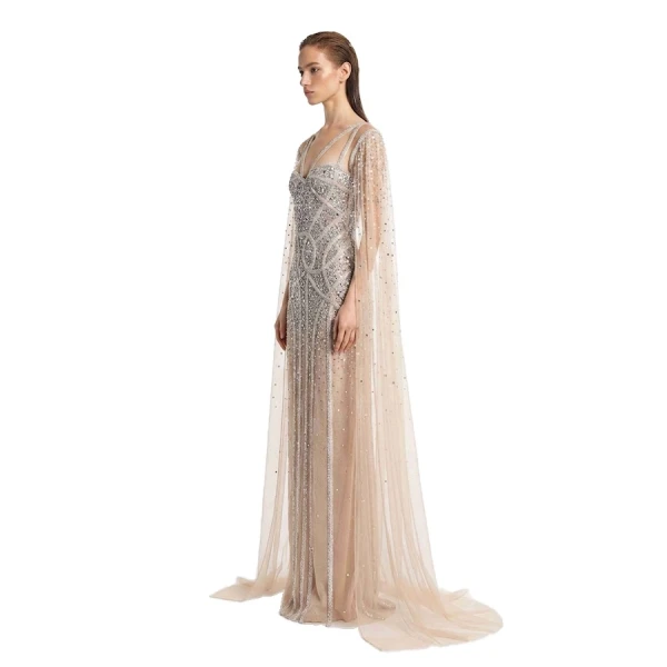 Tony Ward White Beaded Tulle Column Dress, view 3