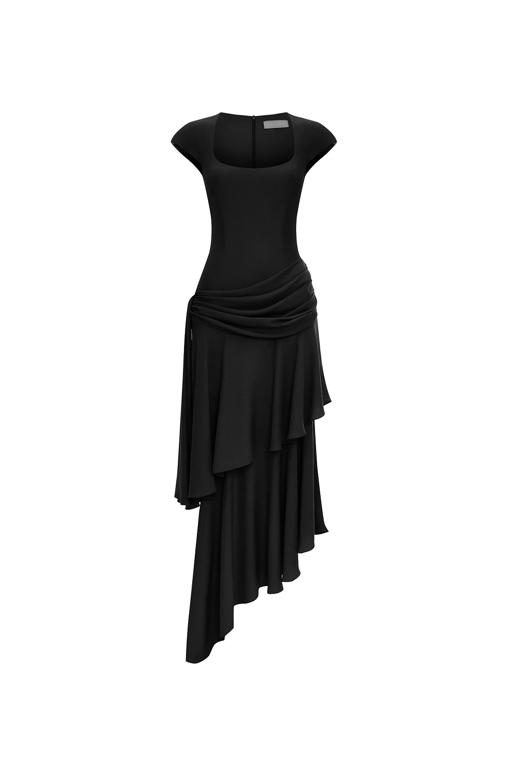 Viscose crepe asymmetric maxi dress with draping in Black