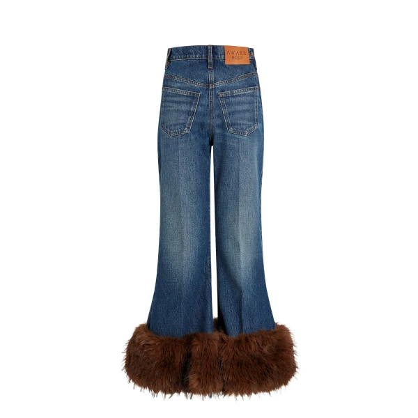 Cropped Flared Trousers With Faux Fur Hem Classic Blue Wash