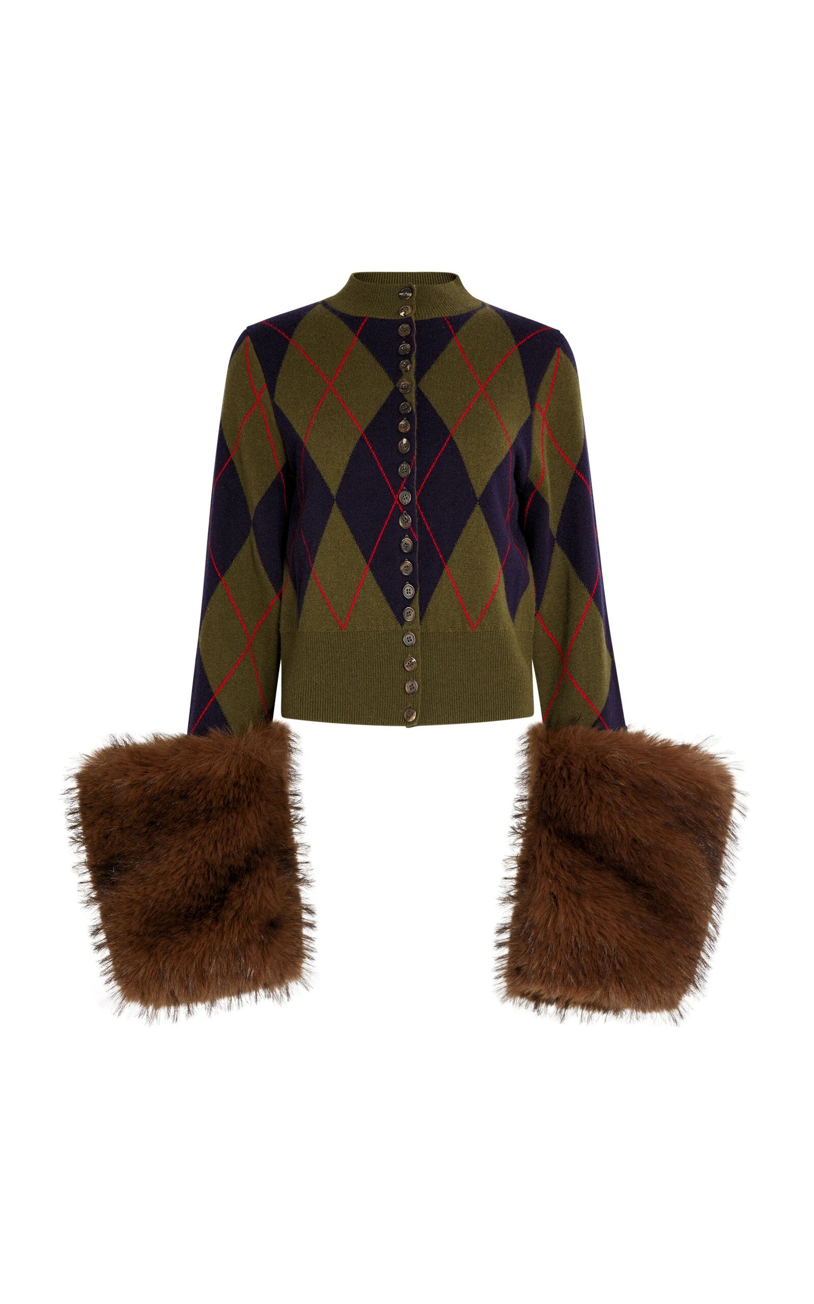 A.W.A.K.E. MODE knitwear The Knitted Cardigan With Faux Fur Cuffs Navy Green Red Argyle Brown A.W.A.K.E. MODE knitwear