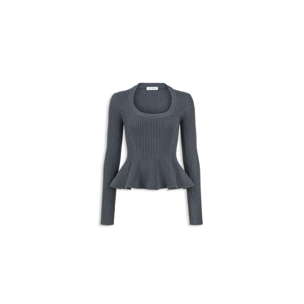 Ribbed Peplum Top in Blue Grey