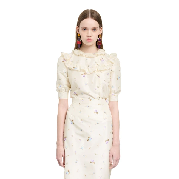 Alessandra Rich Floral-Print Silk Taffeta Blouse in White and Multi, view 3