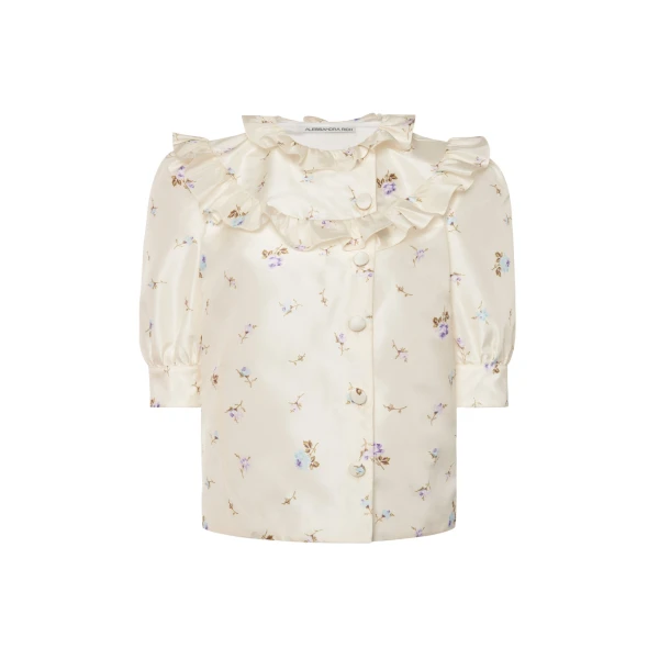 Alessandra Rich Floral-Print Silk Taffeta Blouse in White and Multi