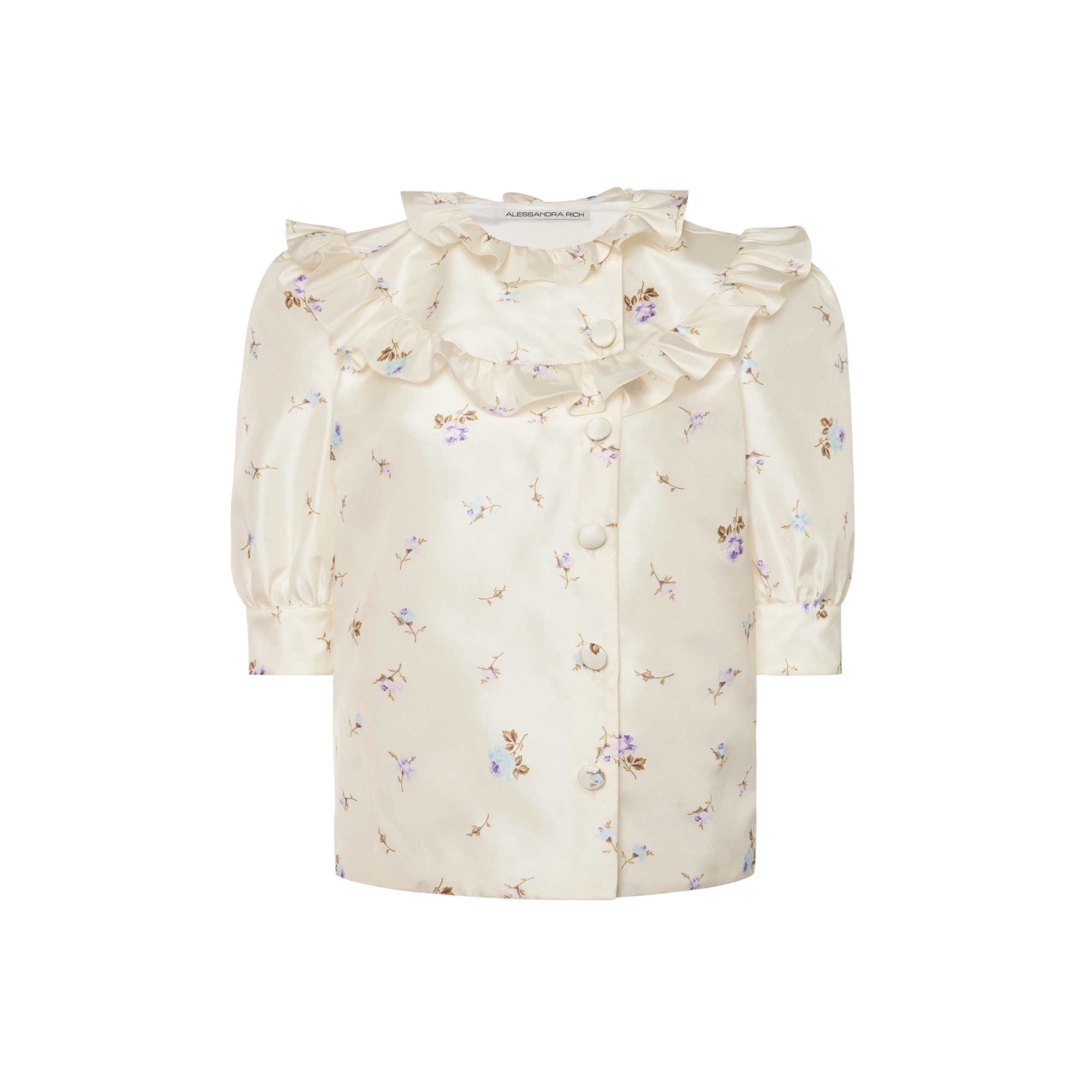 Alessandra Rich Floral-Print Silk Taffeta Blouse in White and Multi Alessandra Rich Floral-Print Silk Taffeta Blouse in White and Multi